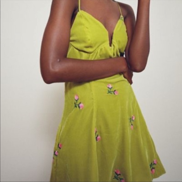 UO Green Floral Embroidered Velvet Mini Green Unlined Side Zipper Dress - Picture 2 of 10